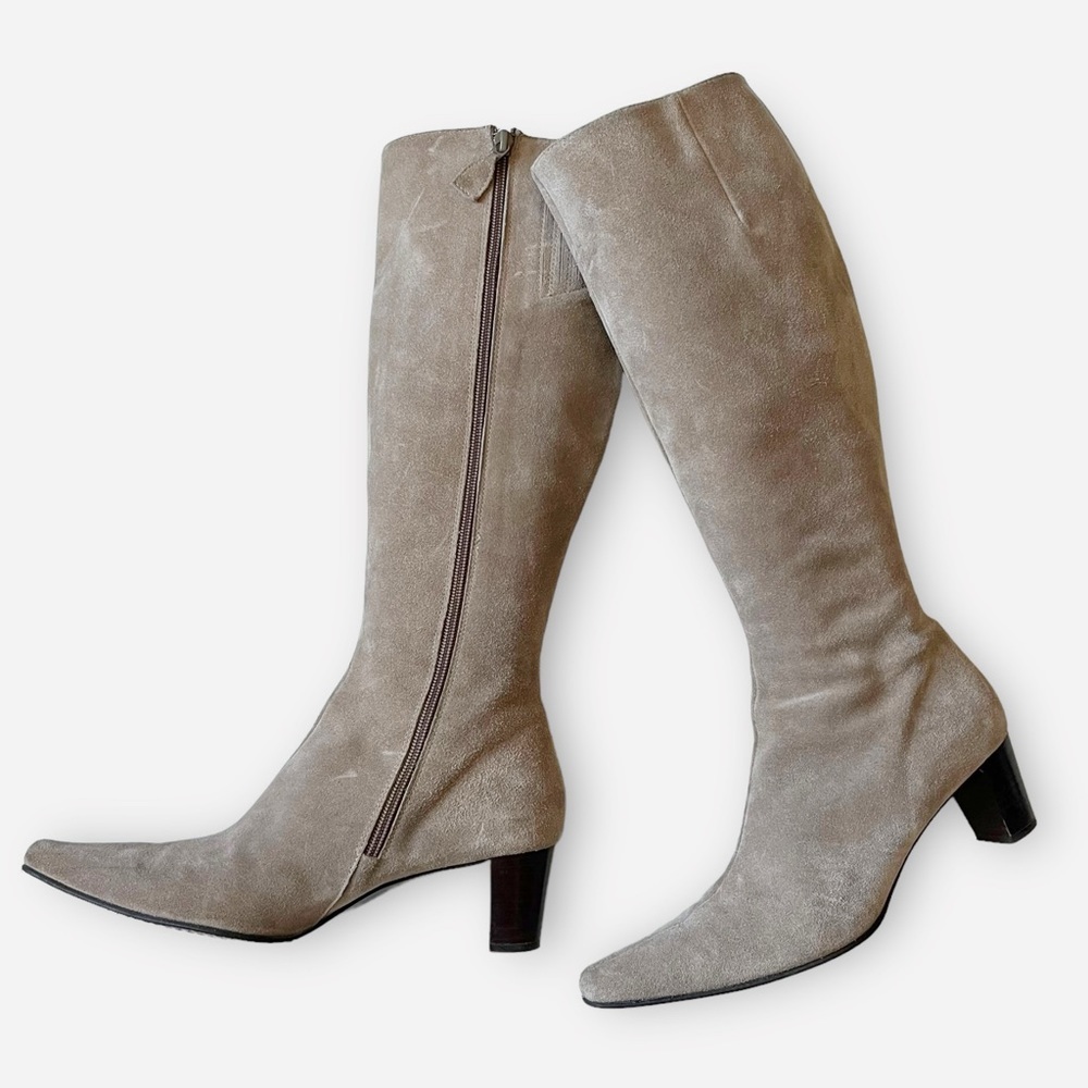 Boden Knee High Suede Boots Taupe 2” Heel Side Zipper Tight Sock Boots 39/ 8.5